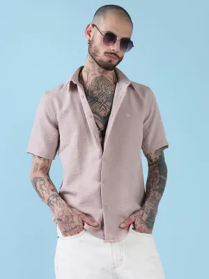 Men's Peach Solid Slim Fit Chambray Casual Shirt Gentle Glow