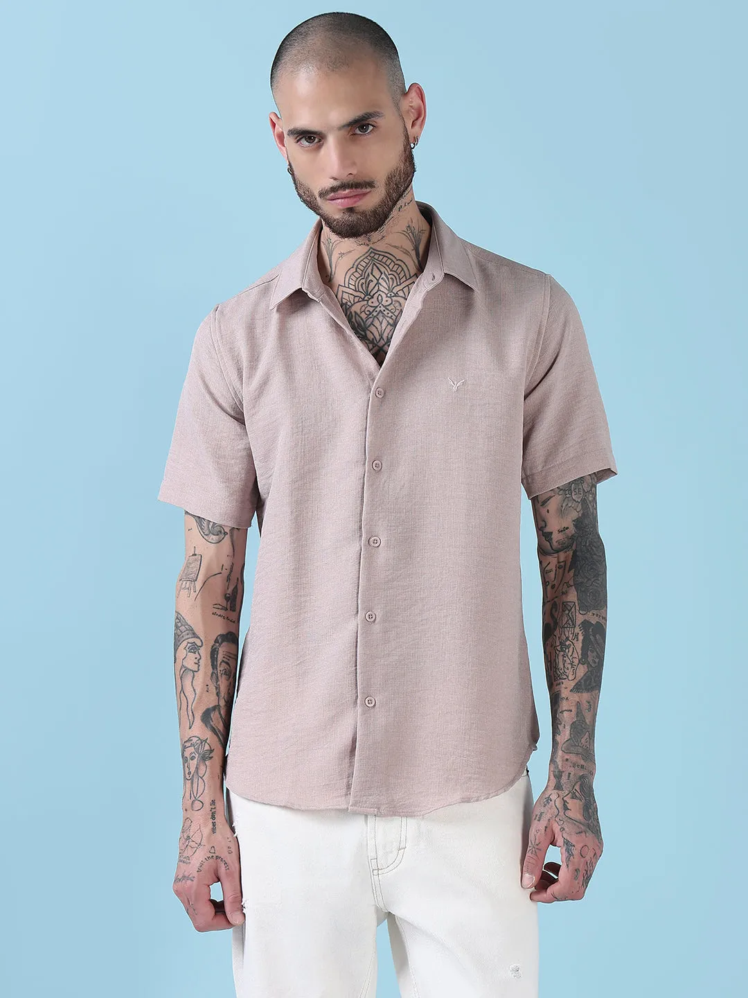 Men's Peach Solid Slim Fit Chambray Casual Shirt Diamond Soul Comfortable Coat