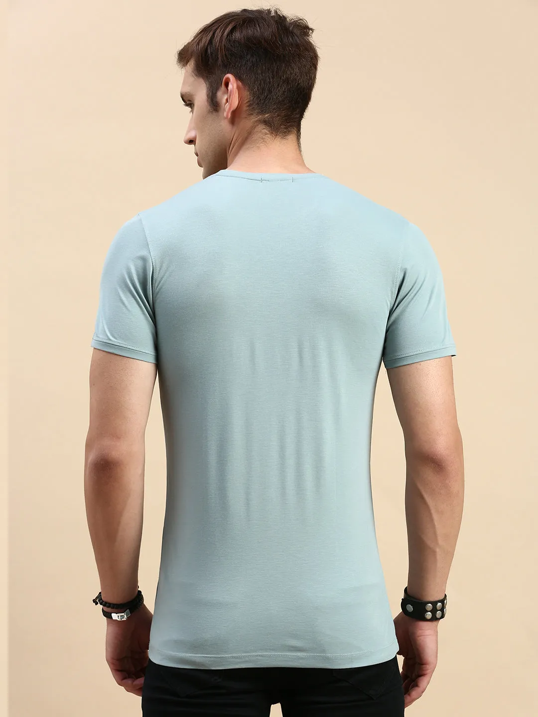 Men's Sea Green Typography Printed Slim Fit T-shirt Fashion Top