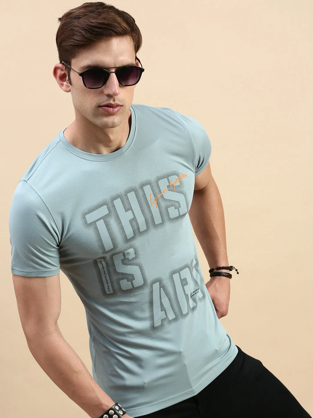 Comfy Comfort Wrinkle-Resistant Men's Sea Green Typography Printed Slim Fit T-shirt