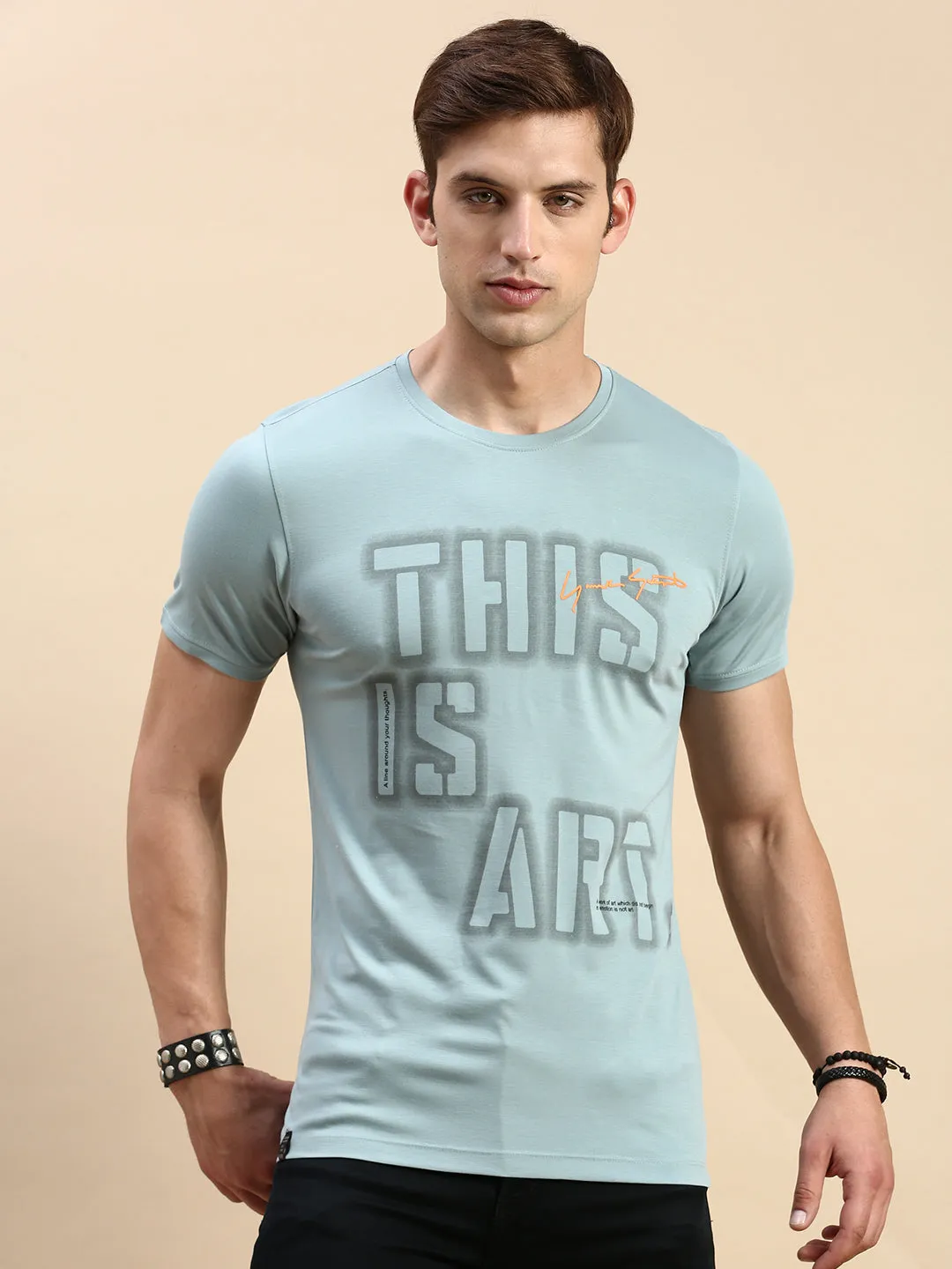 Pastel Shade Stylish Look Men's Sea Green Typography Printed Slim Fit T-shirt