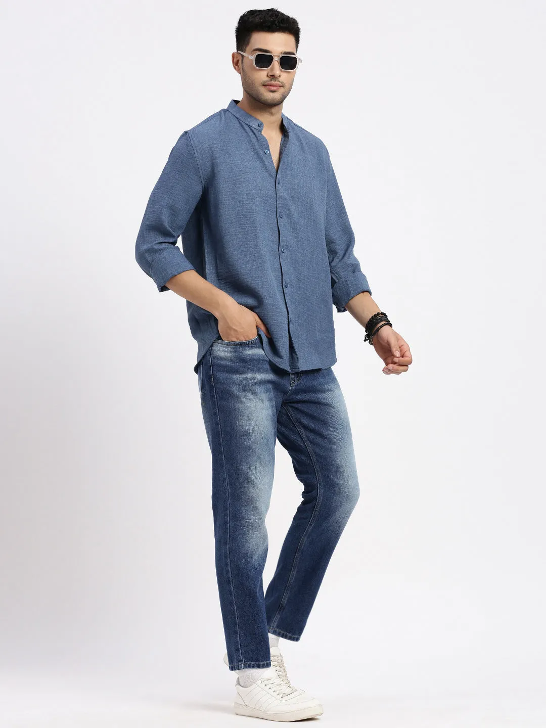 Festival Outfit Urban Explorer Flexible Waist Men's Blue Comfort Low-Rise Heavy Fade Acid Wash Denim Jeans