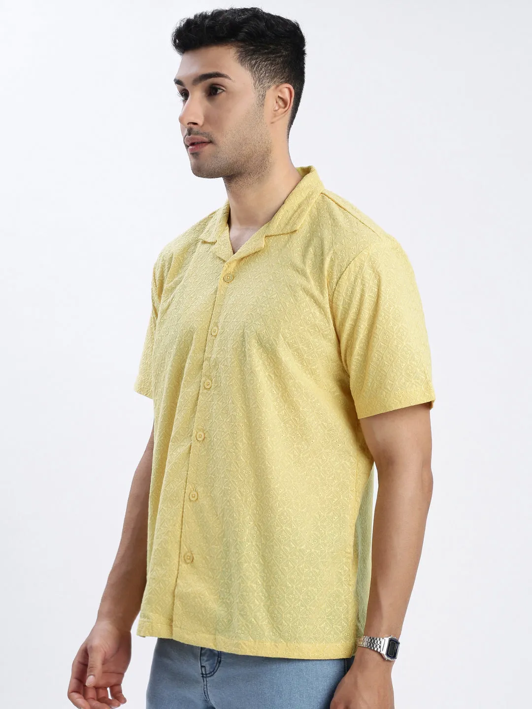 Men's Yellow Premium Cuban Collar Textured Cotton Slim Fit Casual Shirt DoubleLayered Structure