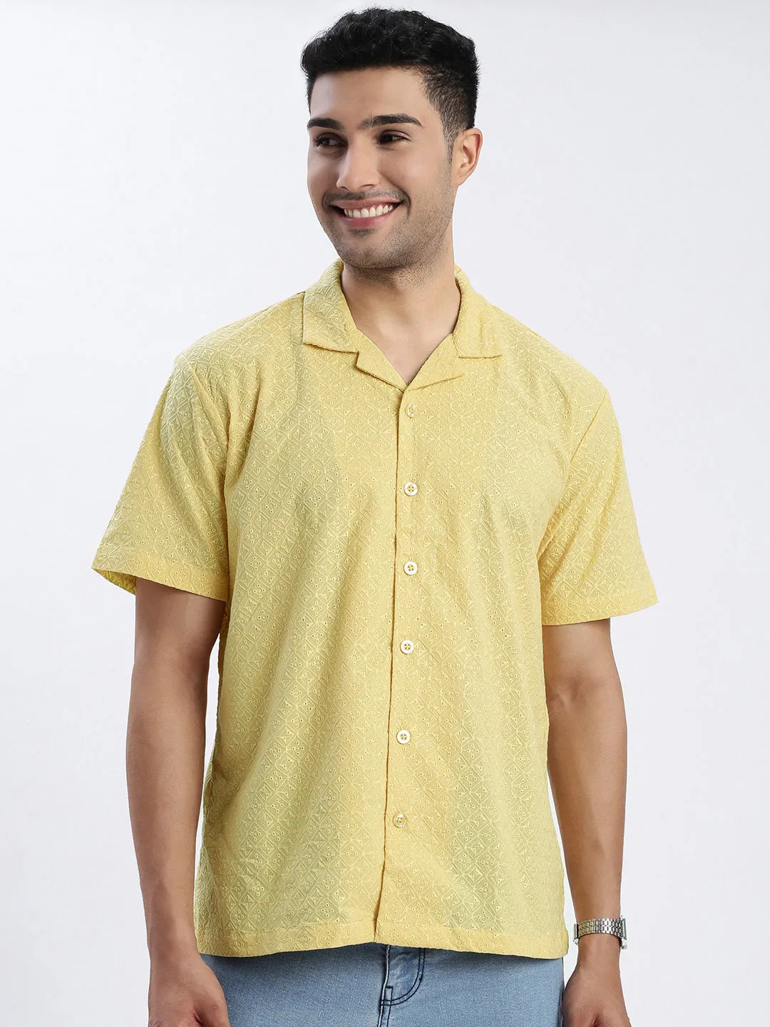 Men's Yellow Premium Cuban Collar Textured Cotton Slim Fit Casual Shirt Noble Core