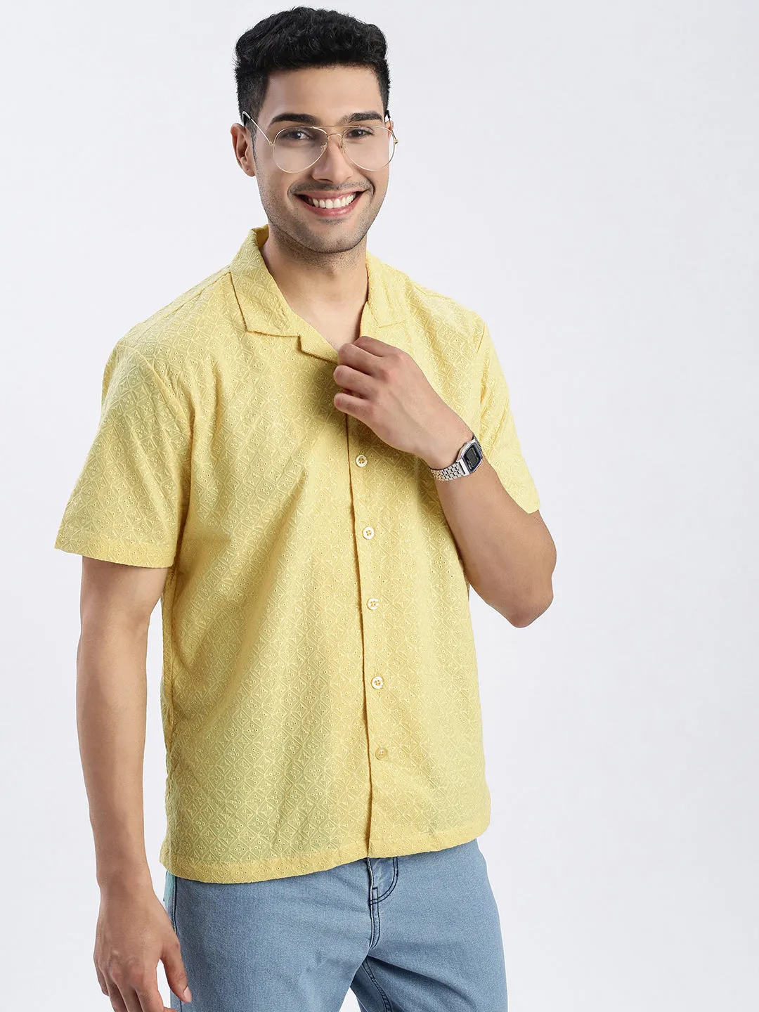 Trendy Cut Team Vibe Men's Yellow Premium Cuban Collar Textured Cotton Slim Fit Casual Shirt