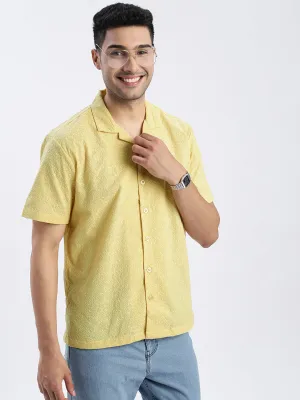 Trendy Cut Team Vibe Men's Yellow Premium Cuban Collar Textured Cotton Slim Fit Casual Shirt