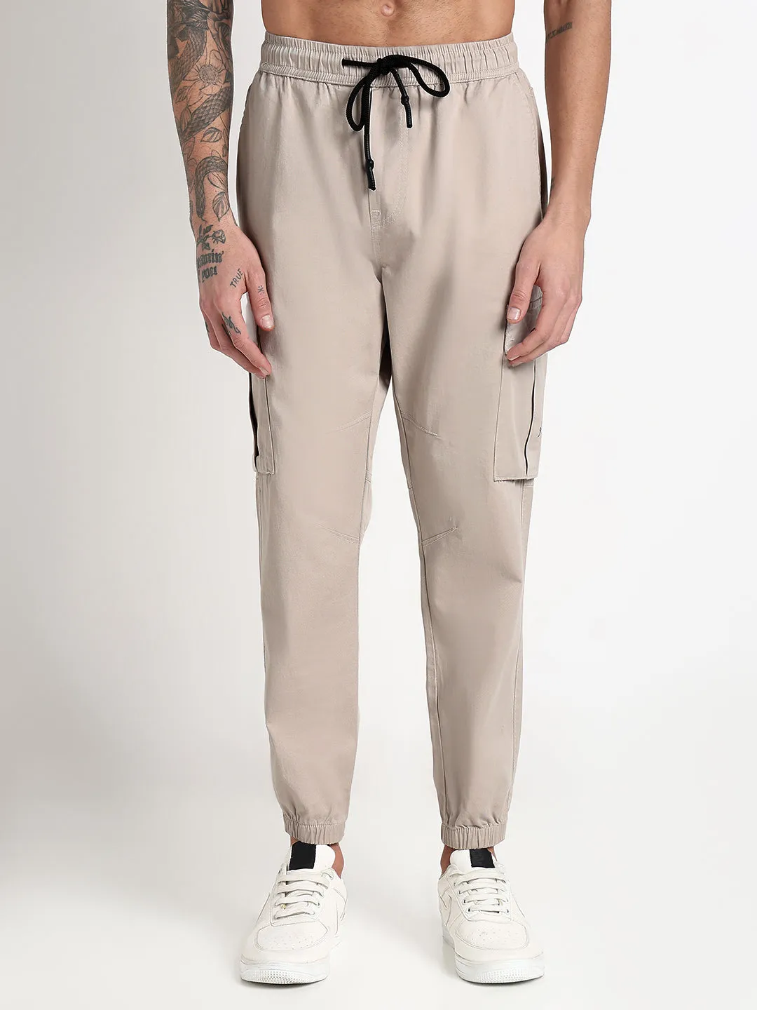 All Time Use Lightweight Fit Men's Cream Solid Cargo Joggers