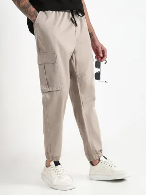 Men's Cream Solid Cargo Joggers Sport Ready Minimal Waist