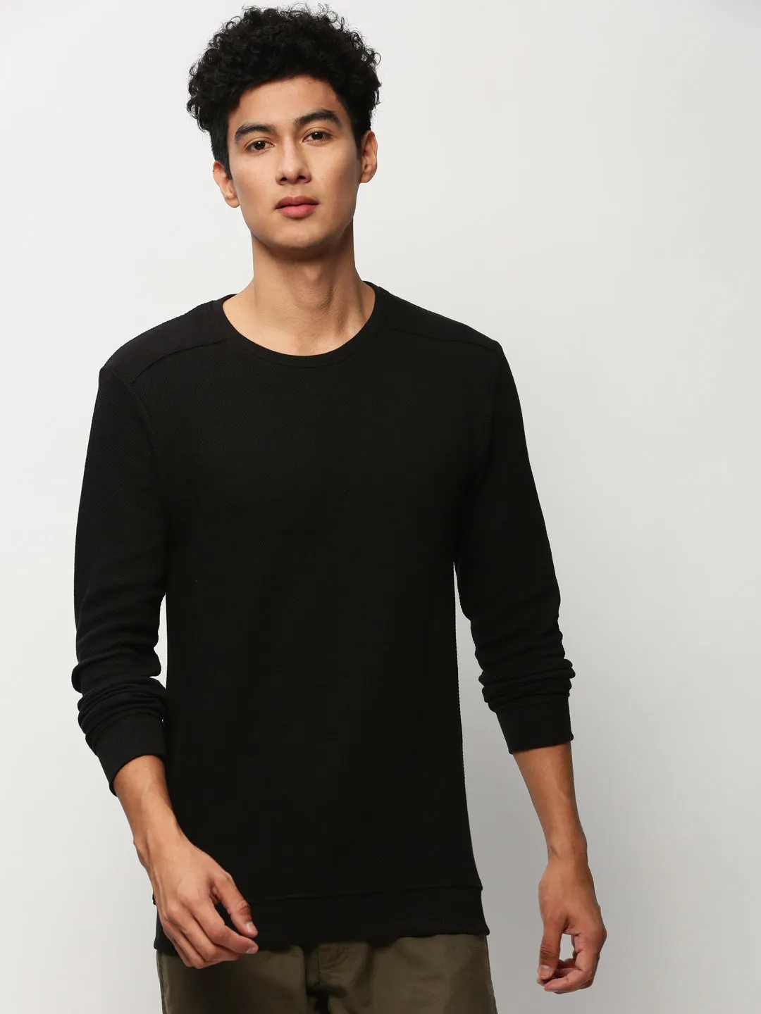 Men's Black Self Design Cotton Pullover Classic Layering