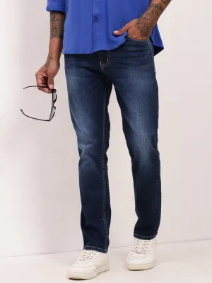 Men's Navy Blue Comfort Straight Fit Low-Rise Light Fade Acid Wash Jeans Neutral Fabric Chic Wear