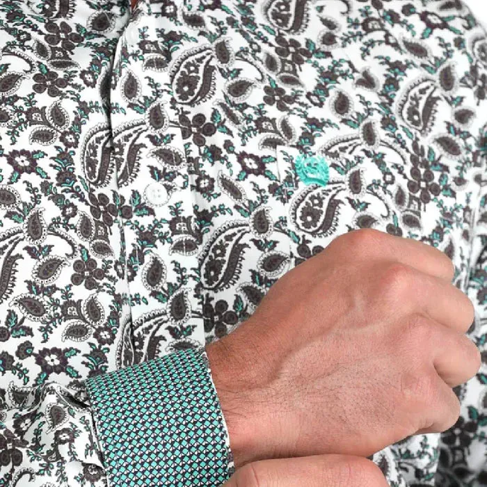 Cinch Men's L/S Classic Fit Paisley Button Down Western Shirt in White Slim Silhouette NonRestrictive Cut