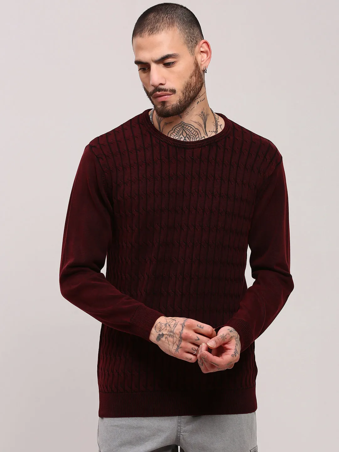 Men's Maroon Solid Sweater All Day Comfort Organic Cotton Yarn