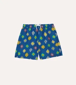 semi-formal look Ergonomic Contour Shape Blue Kilim Print Nylon Drawstring Swim Shorts