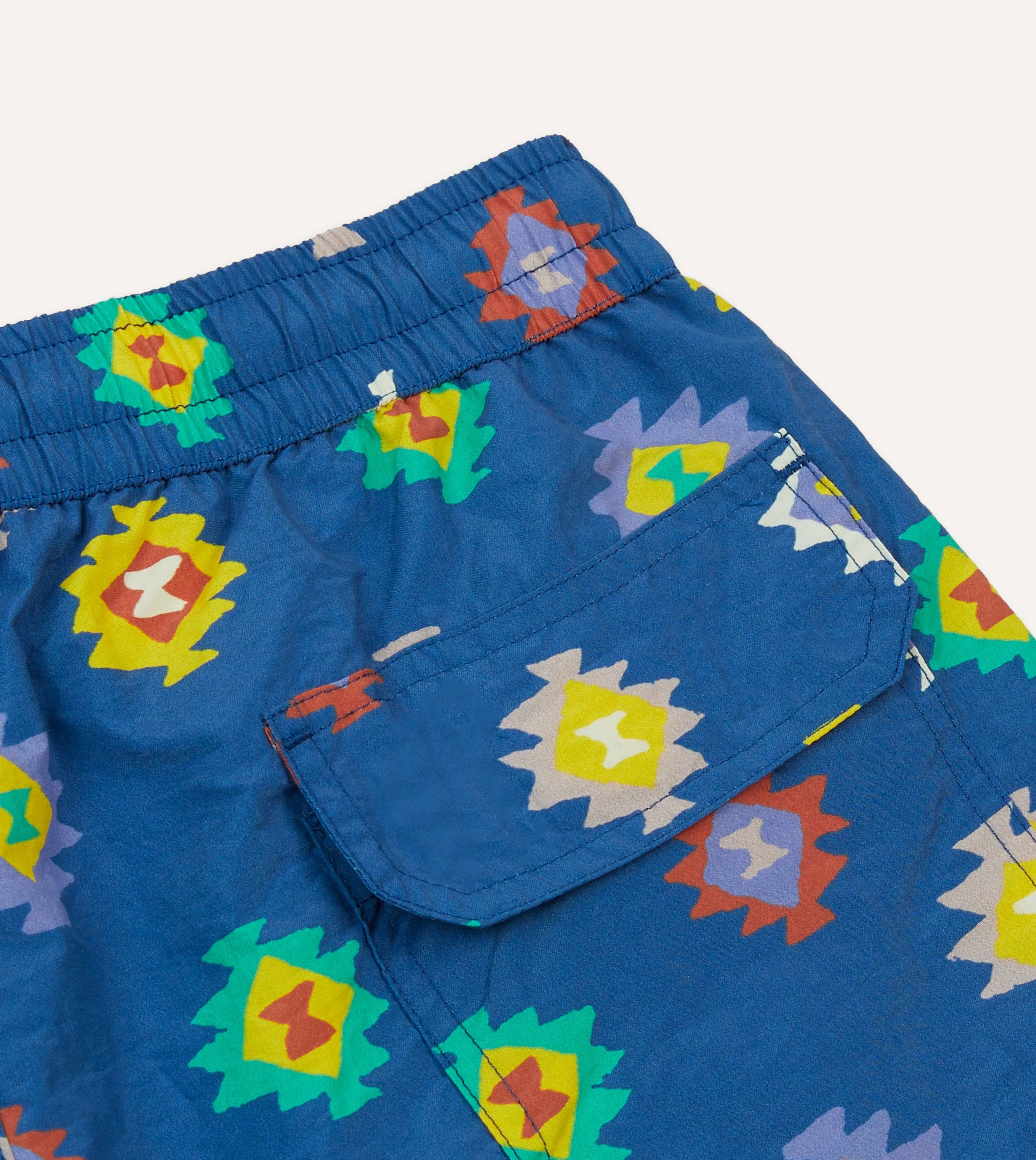 Blue Kilim Print Nylon Drawstring Swim Shorts Contoured Articulation