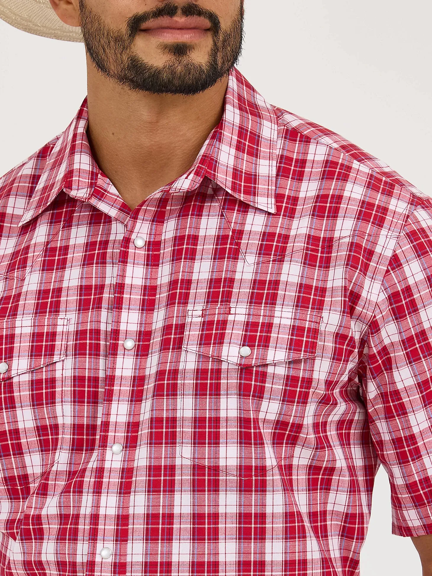 Wrangler Men's S/S Wrinkle Resist Plaid Western Snap Shirt in Candy Apple Light Style Yoga class