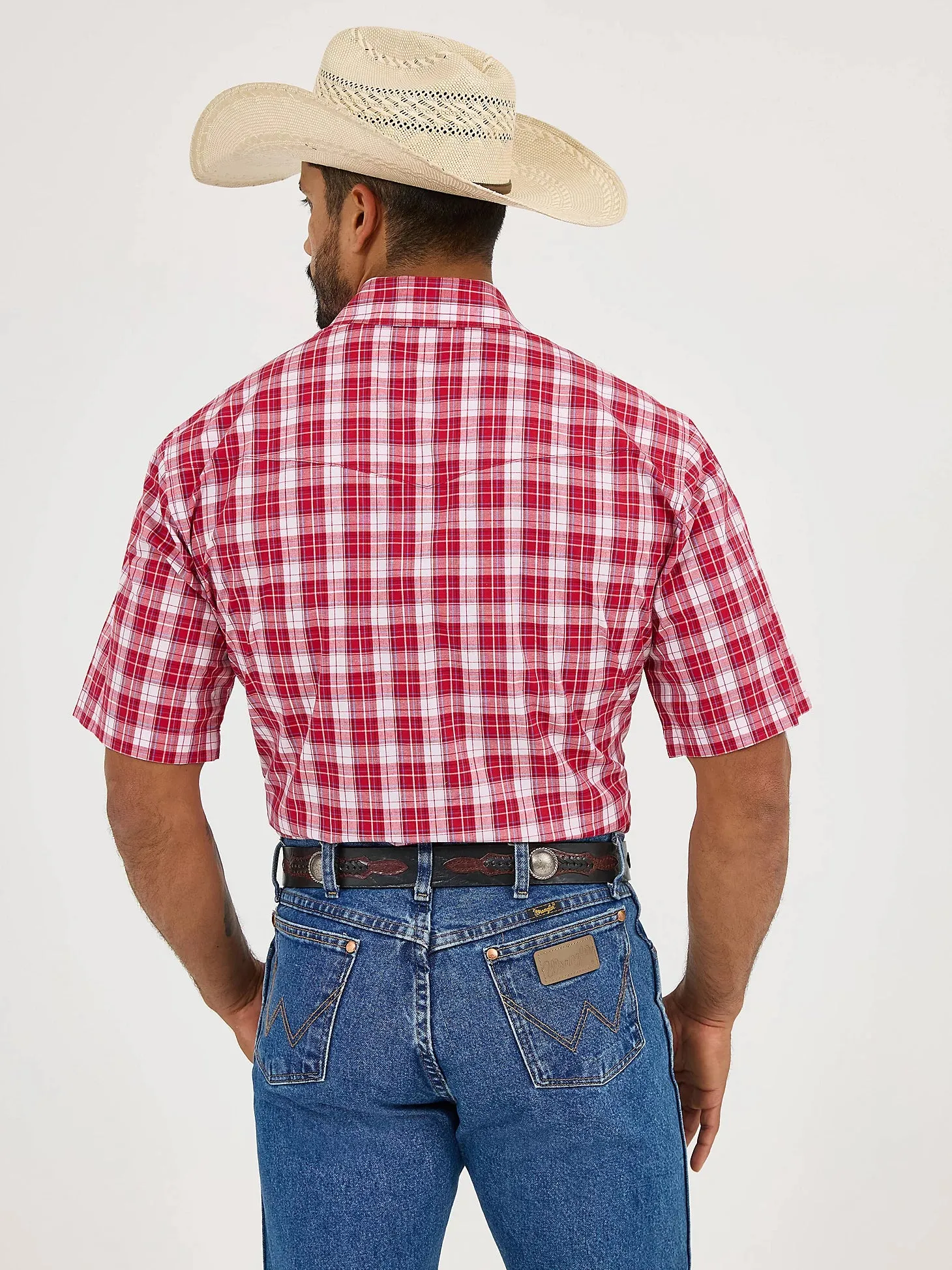 Trendy Comfort Fit Long Sleeve Wrangler Men's S/S Wrinkle Resist Plaid Western Snap Shirt in Candy Apple