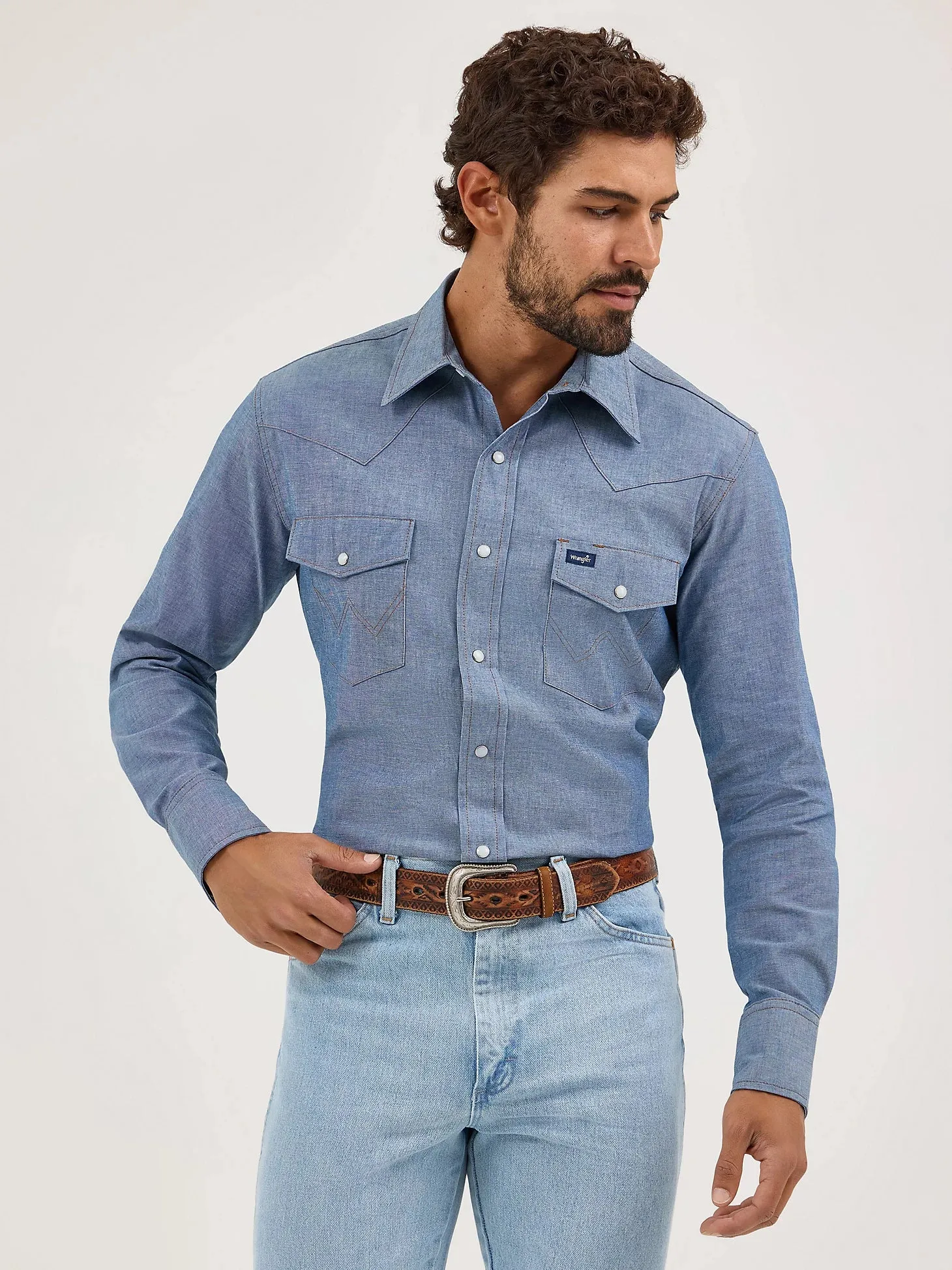 Wrangler Men's Cowboy Cut L/S Western Snap Work Shirt in Chambray Blue Bohemian Sublimation Printed Collar
