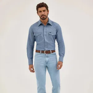 Wrangler Men's Cowboy Cut L/S Western Snap Work Shirt in Chambray Blue Active Wear Fit Seasonal Trend