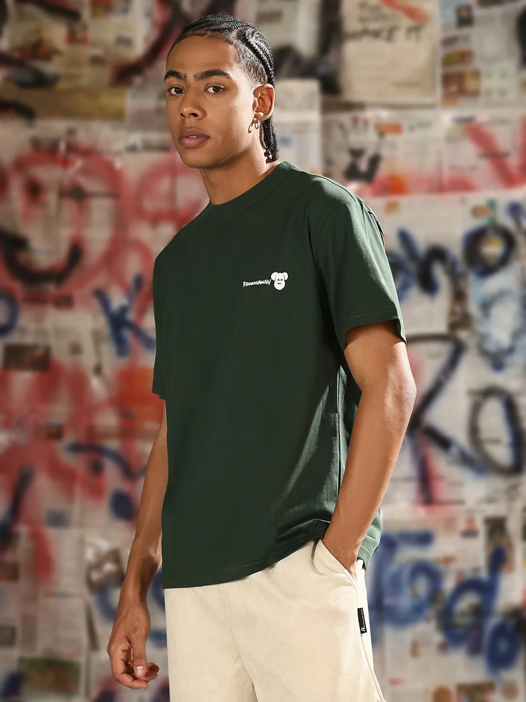 Stylish Jumper HeatReflective Lining Men's Casual Green Cartoon Print Relaxed Fit T-Shirt