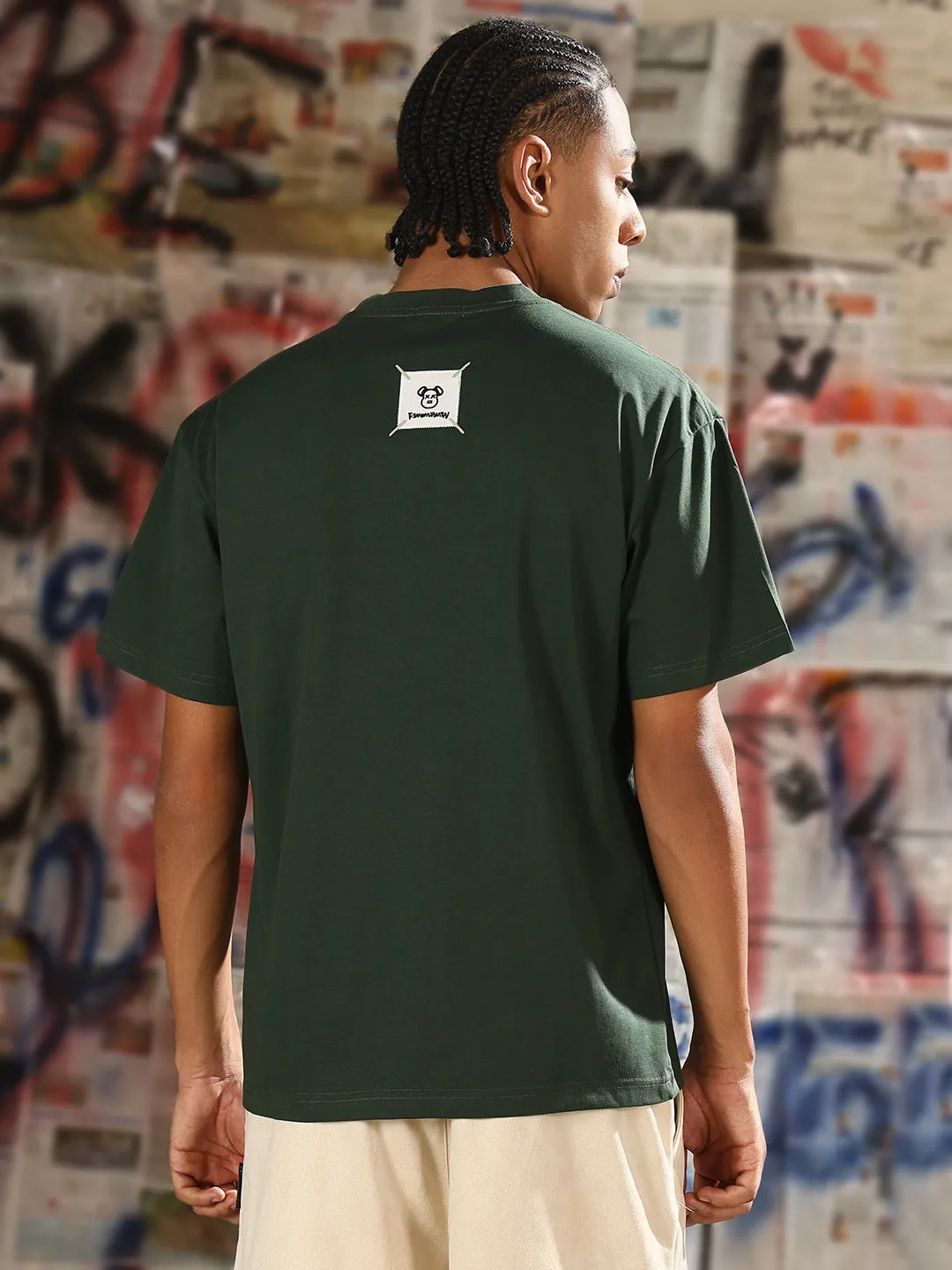 Compact Packable Design Denim Cool Men's Casual Green Cartoon Print Relaxed Fit T-Shirt