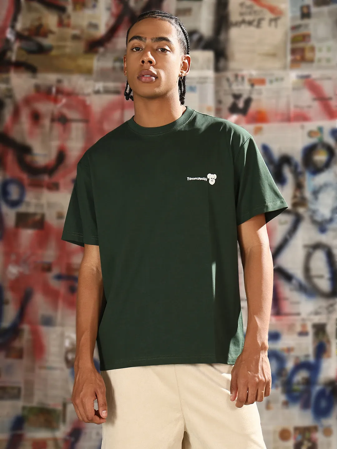 EcoFriendlyDyeProcess Men's Casual Green Cartoon Print Relaxed Fit T-Shirt