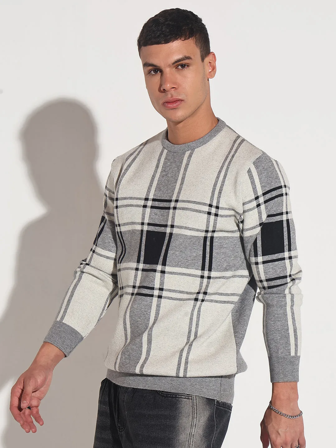 Men's Checked Grey Ribbed Round Neck Sweater Midweight Feel Casual Wear