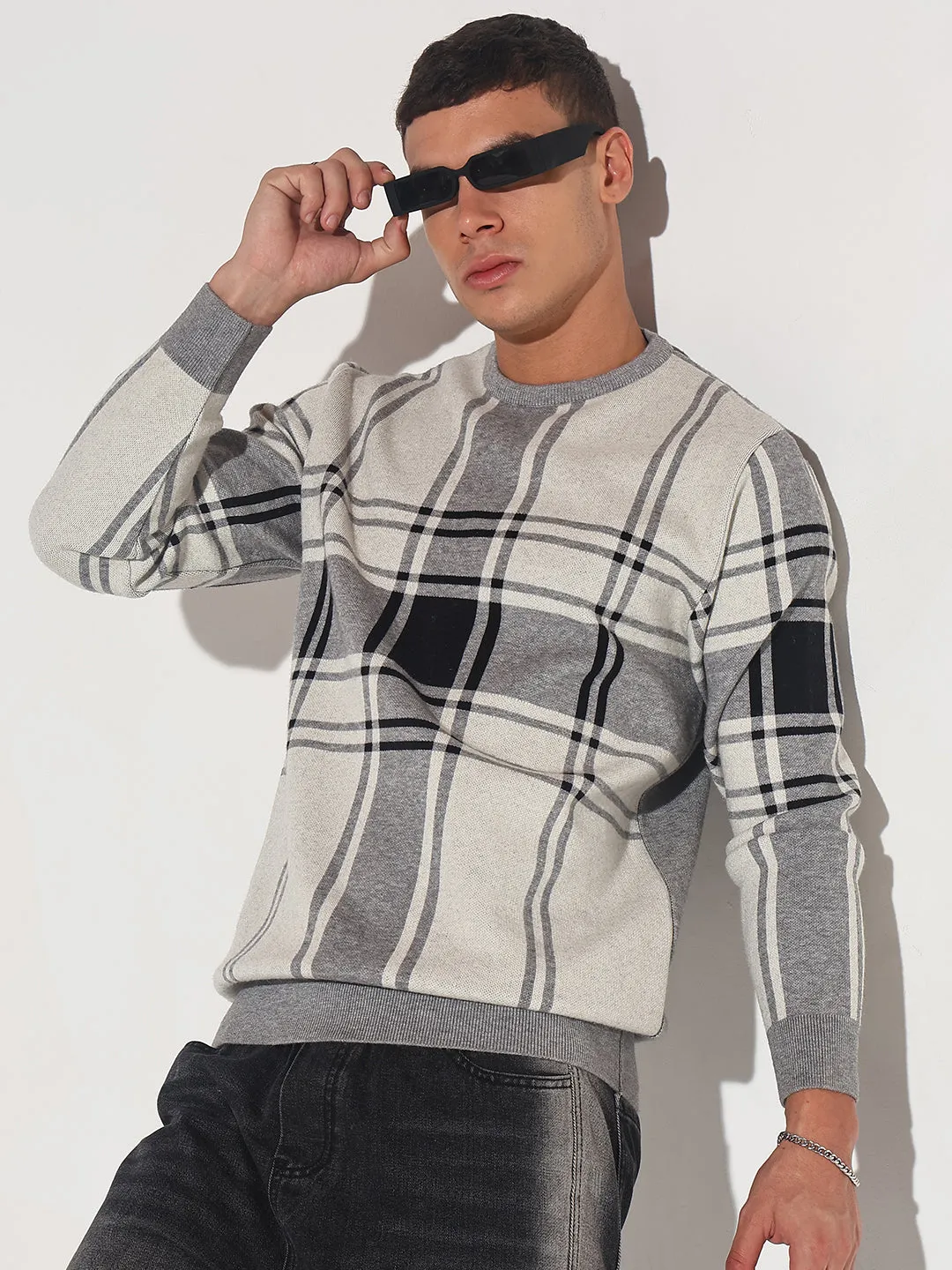 Gentle Stretch Waistband Drop Shoulder Cut Men's Checked Grey Ribbed Round Neck Sweater
