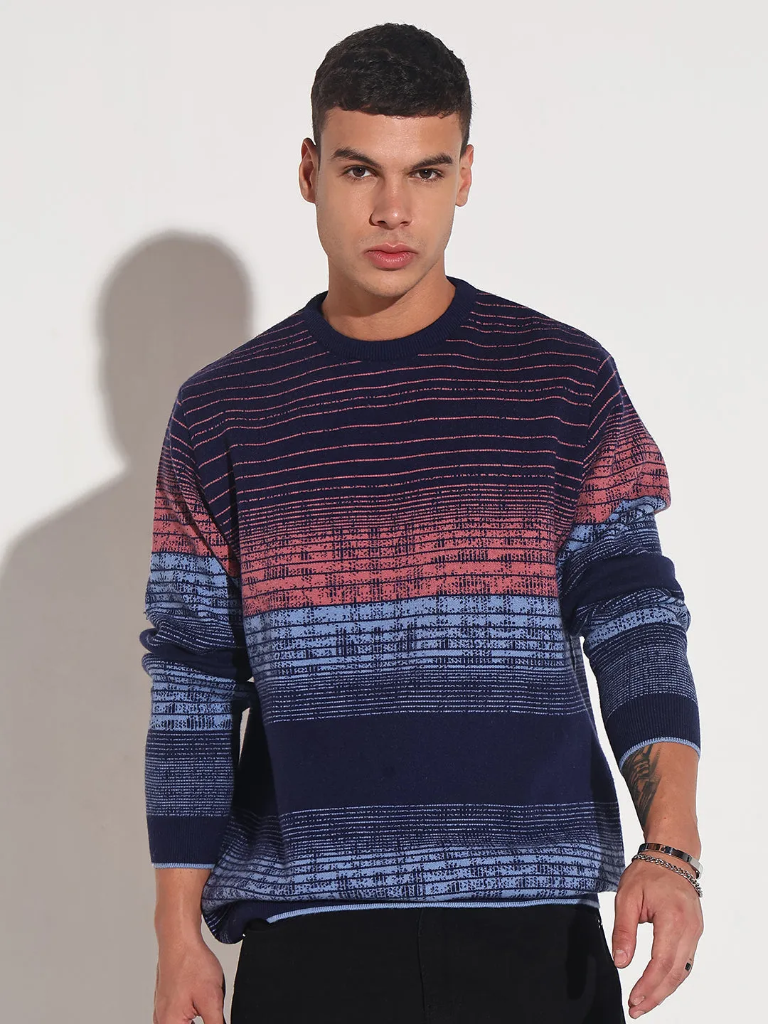 Men's Striped Blue Gradient Ribbed Round Neck Sweater Winter Comfort Fresh Layer