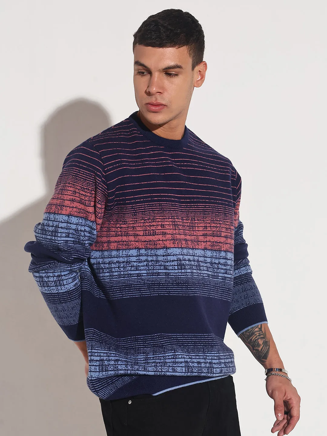 Crew Neckline Men's Striped Blue Gradient Ribbed Round Neck Sweater