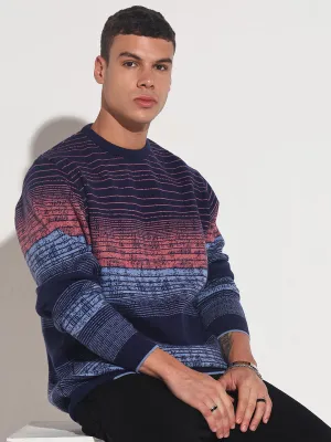 Shrink Resistant Process MoistureWicking Yarn Men's Striped Blue Gradient Ribbed Round Neck Sweater