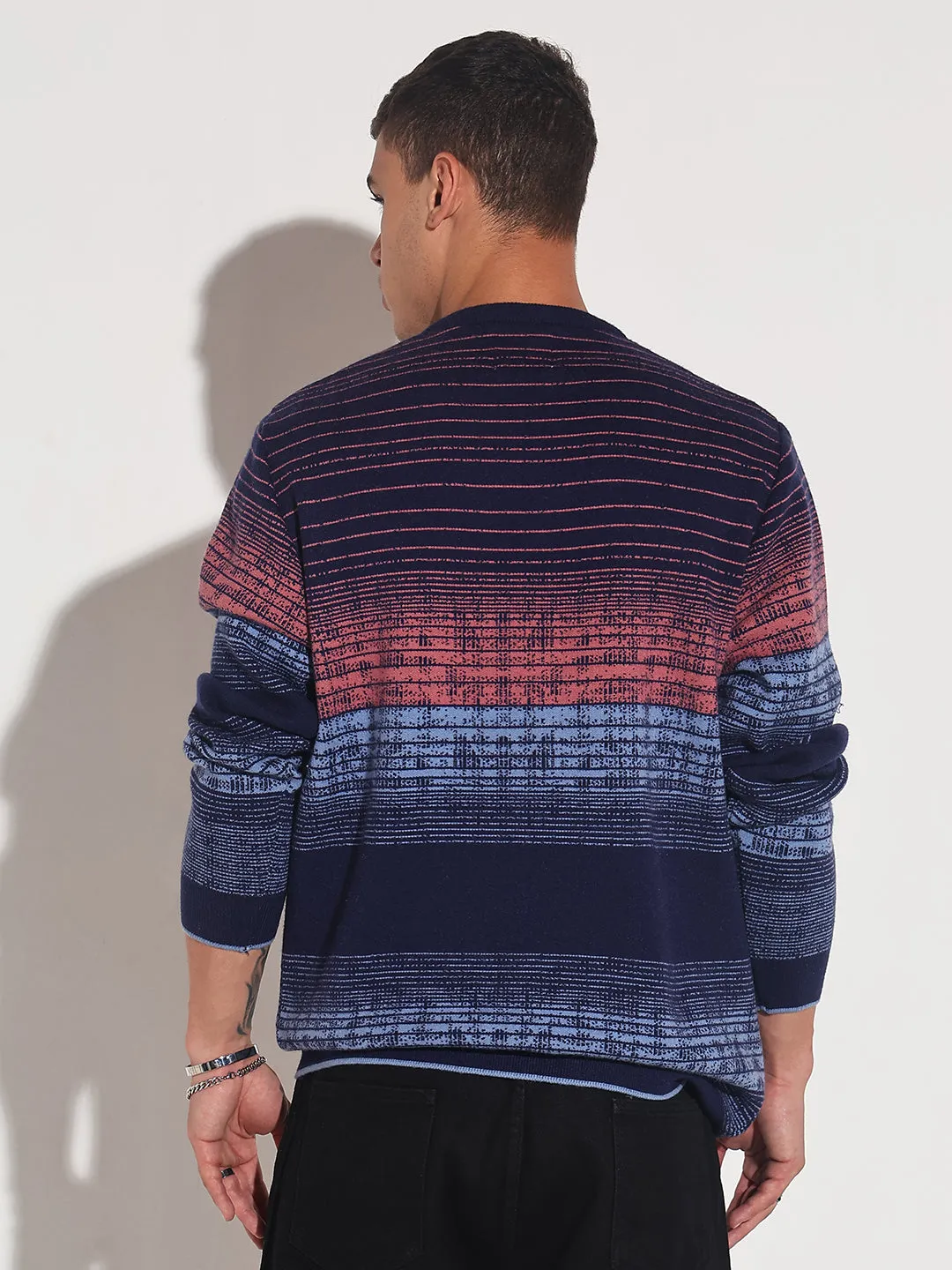 Men's Striped Blue Gradient Ribbed Round Neck Sweater Balanced Stretch Structure
