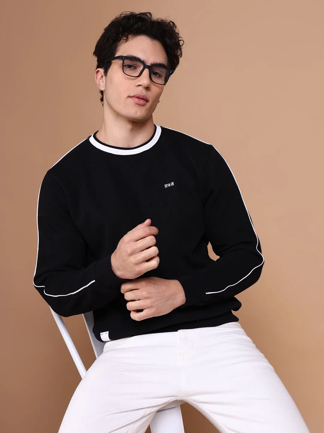 product marbled pattern Simple Comfort Men's Black Round Neck Solid Sweatshirt