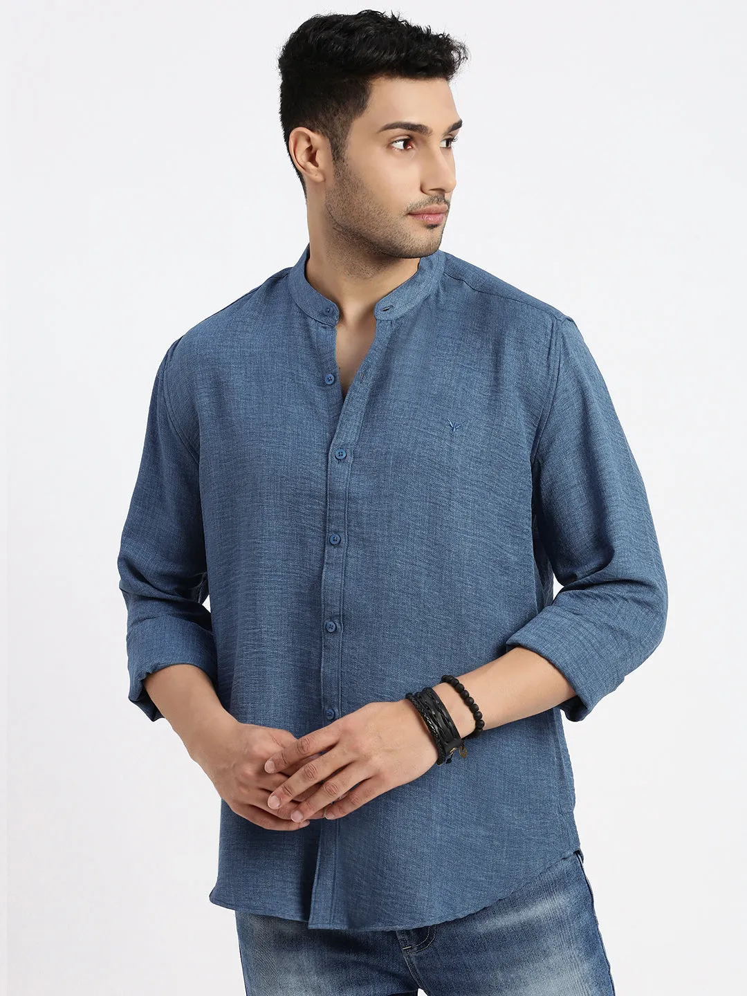 Men's Blue Mandarin Collar Solid Slim Fit Casual Shirt WrinkleFreeFabric Lightweight Composite