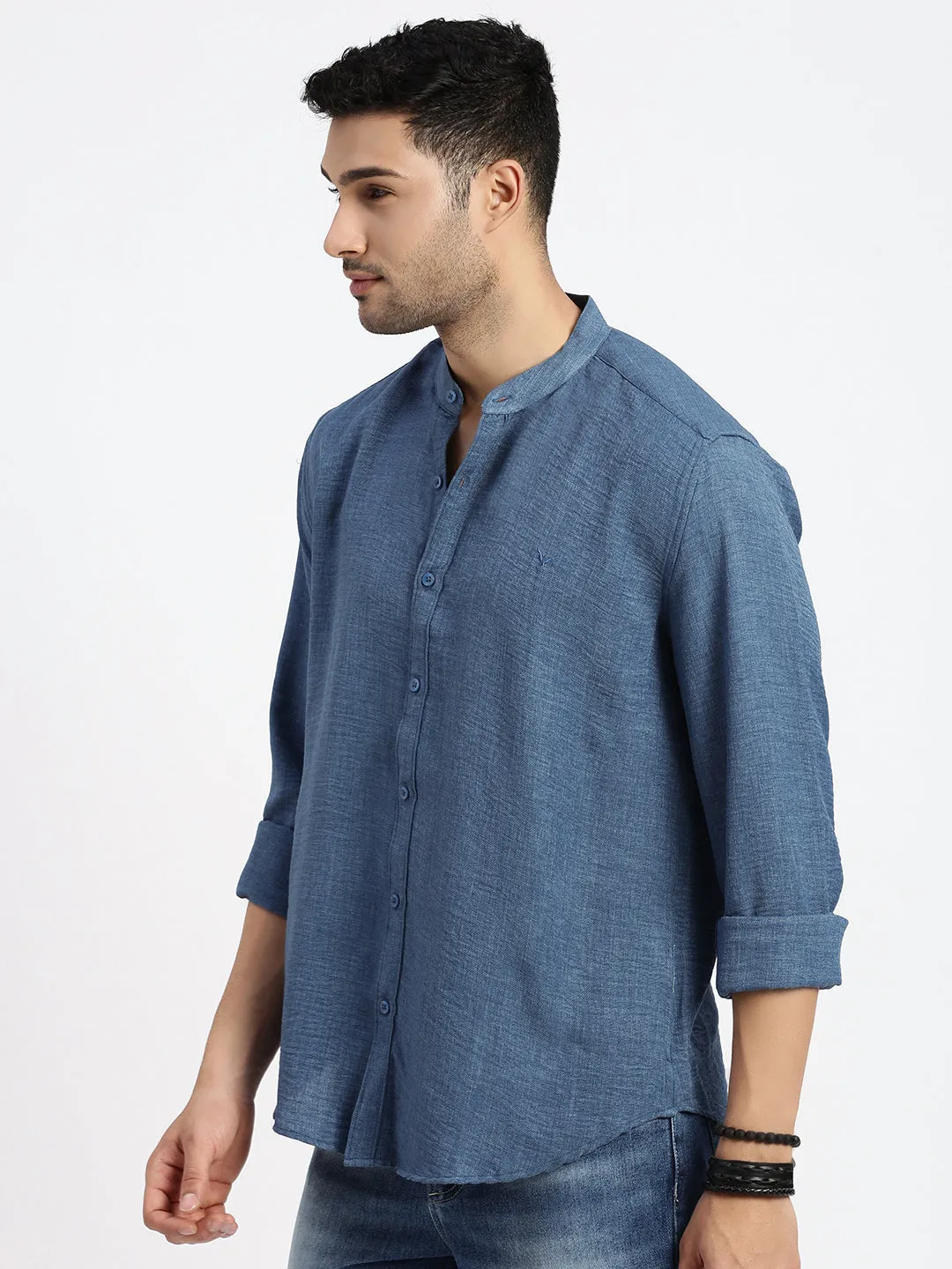 SeamlessPockets Relaxed Layer Men's Blue Mandarin Collar Solid Slim Fit Casual Shirt