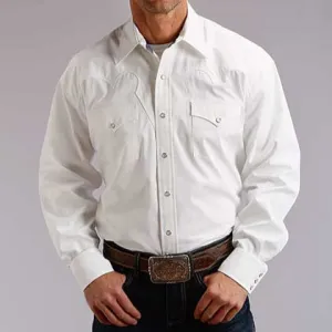 ZeroDistressFinish Raw Edge Hem Stetson Men's Classic Solid Snap Poplin Shirt in Optic White
