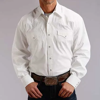 ZeroDistressFinish Raw Edge Hem Stetson Men's Classic Solid Snap Poplin Shirt in Optic White