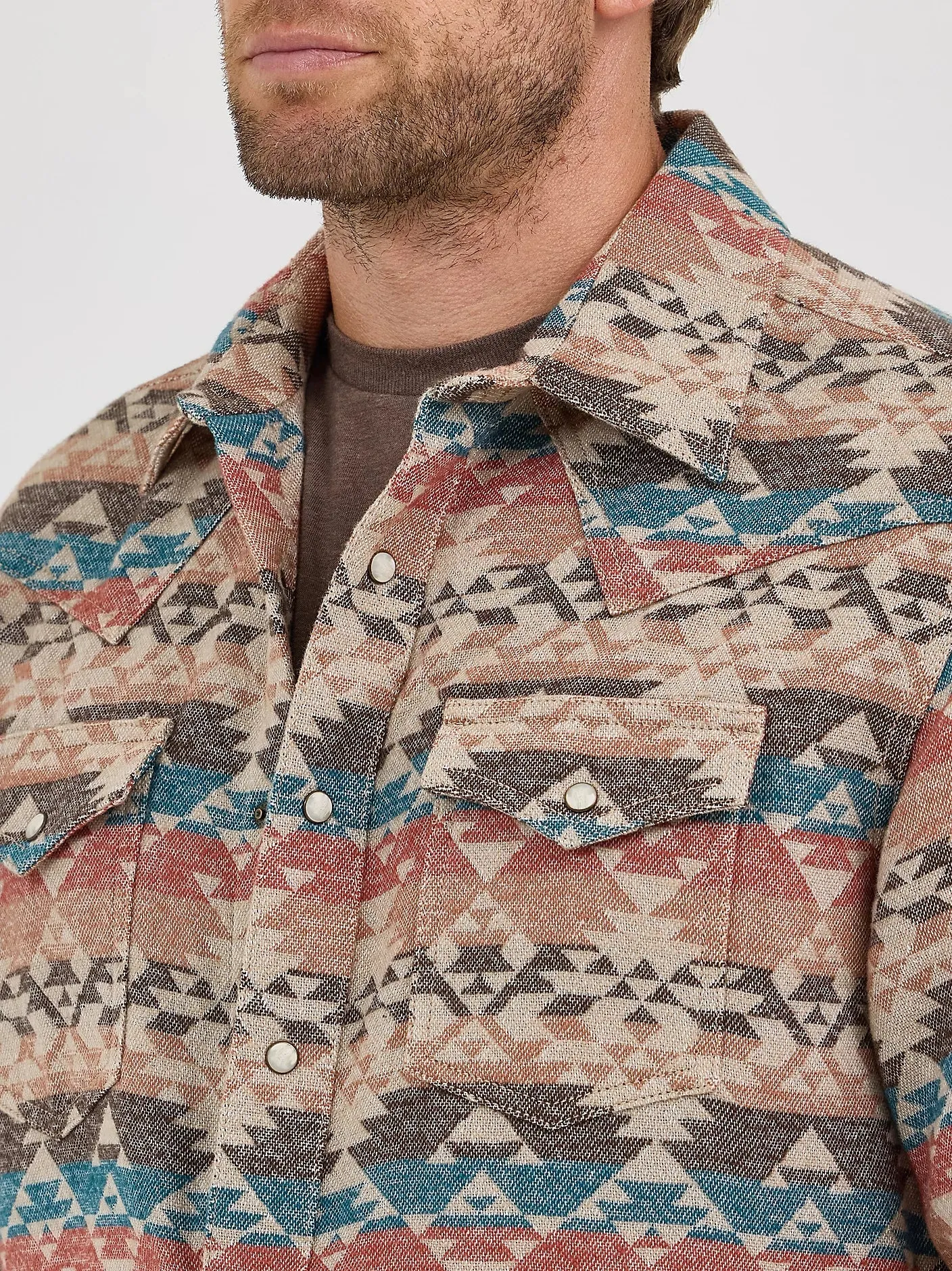 Fun and Playful Wrangler Retro Men's Premium Jacquard Snap Shirt Jacket in Sunset Tan (Available in Tall Sizes!)