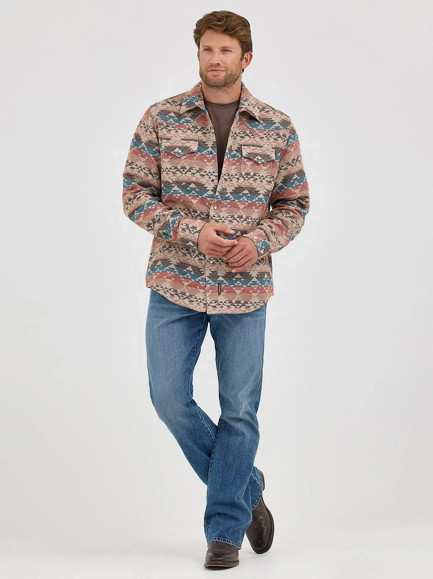 Wrangler Retro Men's Premium Jacquard Snap Shirt Jacket in Sunset Tan (Available in Tall Sizes!) Perfect Layer sale season