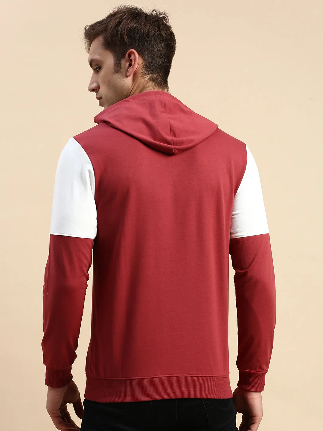 Men's Maroon Colourblock Casual Hoodie suitable for cycling Modern Relaxed