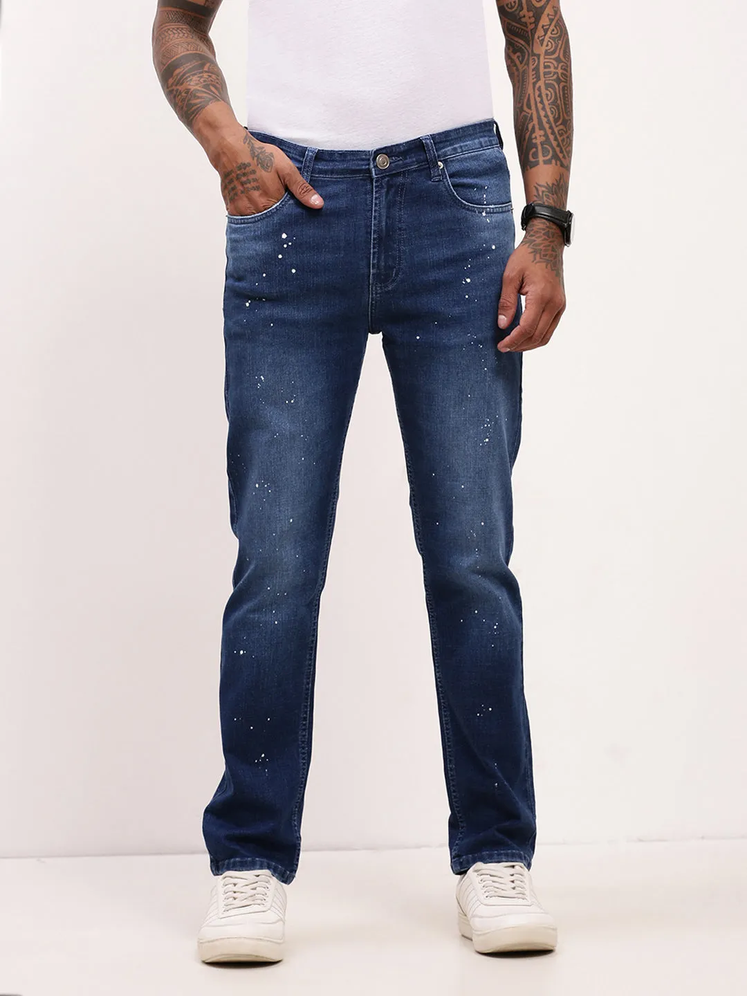 Men's Blue Solid Straight Fit Jeans All-day Comfort Fashion Must-Have