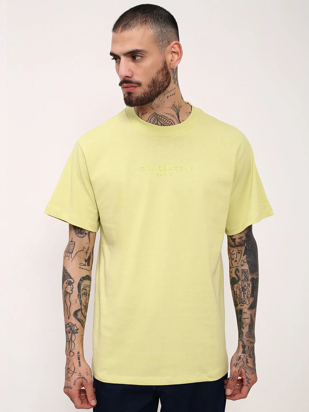 shiny accents Men's Yellow Solid Typography Embossed Relaxed Fit Cotton T-Shirt