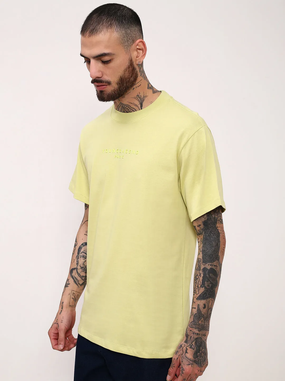 Functional Features ethnic print Men's Yellow Solid Typography Embossed Relaxed Fit Cotton T-Shirt