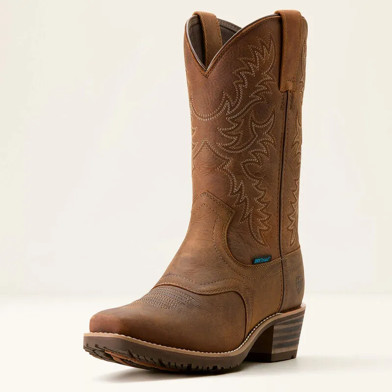 Low Heel Ariat Men's Hybrid Roughstock Square Toe Waterproof Cowboy Boot in Status Brown