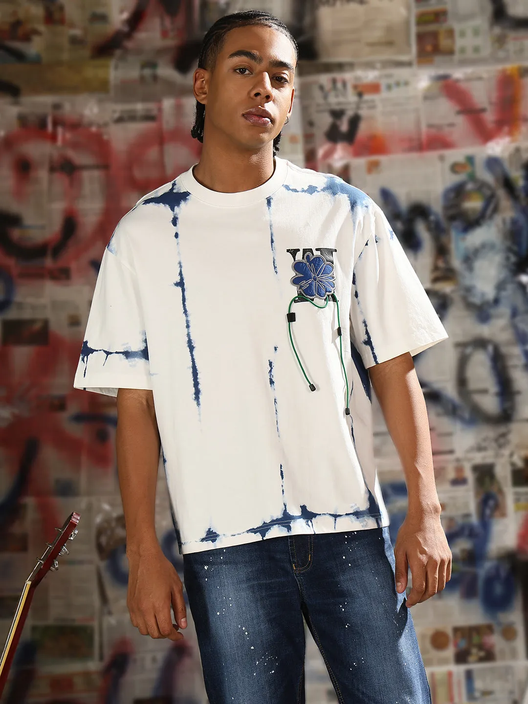 Comfort sleepwear Men's Casual White & Blue Tie & Dye T-Shirt