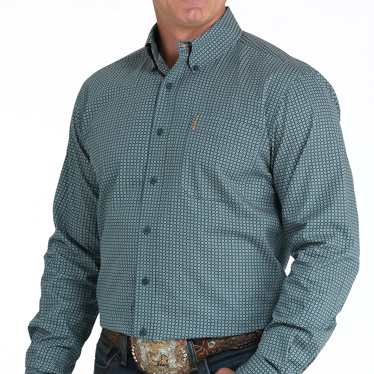 Casual Active Cinch Men's L/S Modern Fit Teal Square Print Western Button Down Shirt in Teal