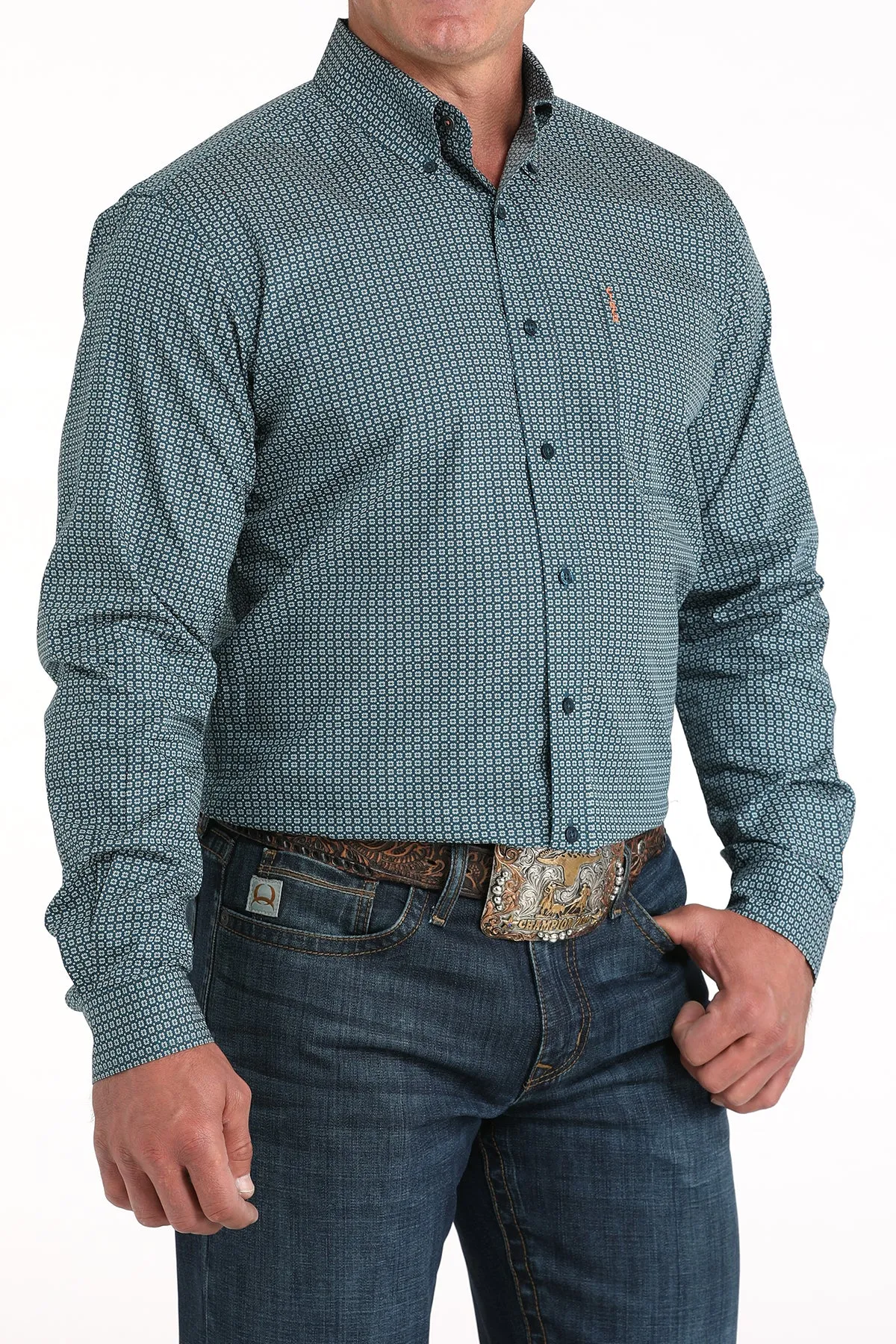 Cinch Men's L/S Modern Fit Teal Square Print Western Button Down Shirt in Teal Eco Friendly Dyes