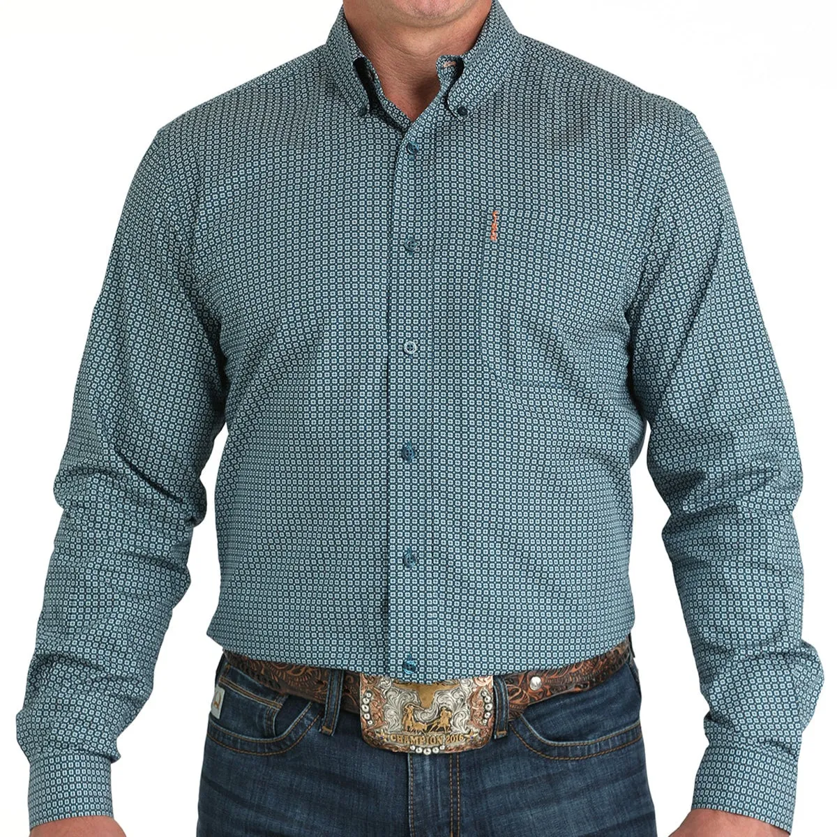 Cinch Men's L/S Modern Fit Teal Square Print Western Button Down Shirt in Teal Cozy Performance
