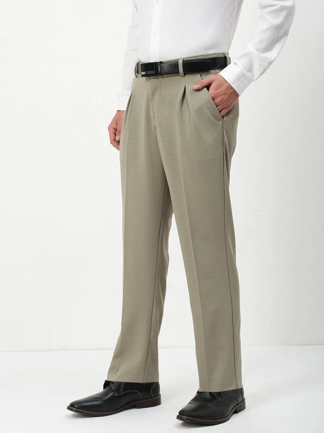 Men's Green Solid Formal Trousers Comfort Fit Mesh Comfort