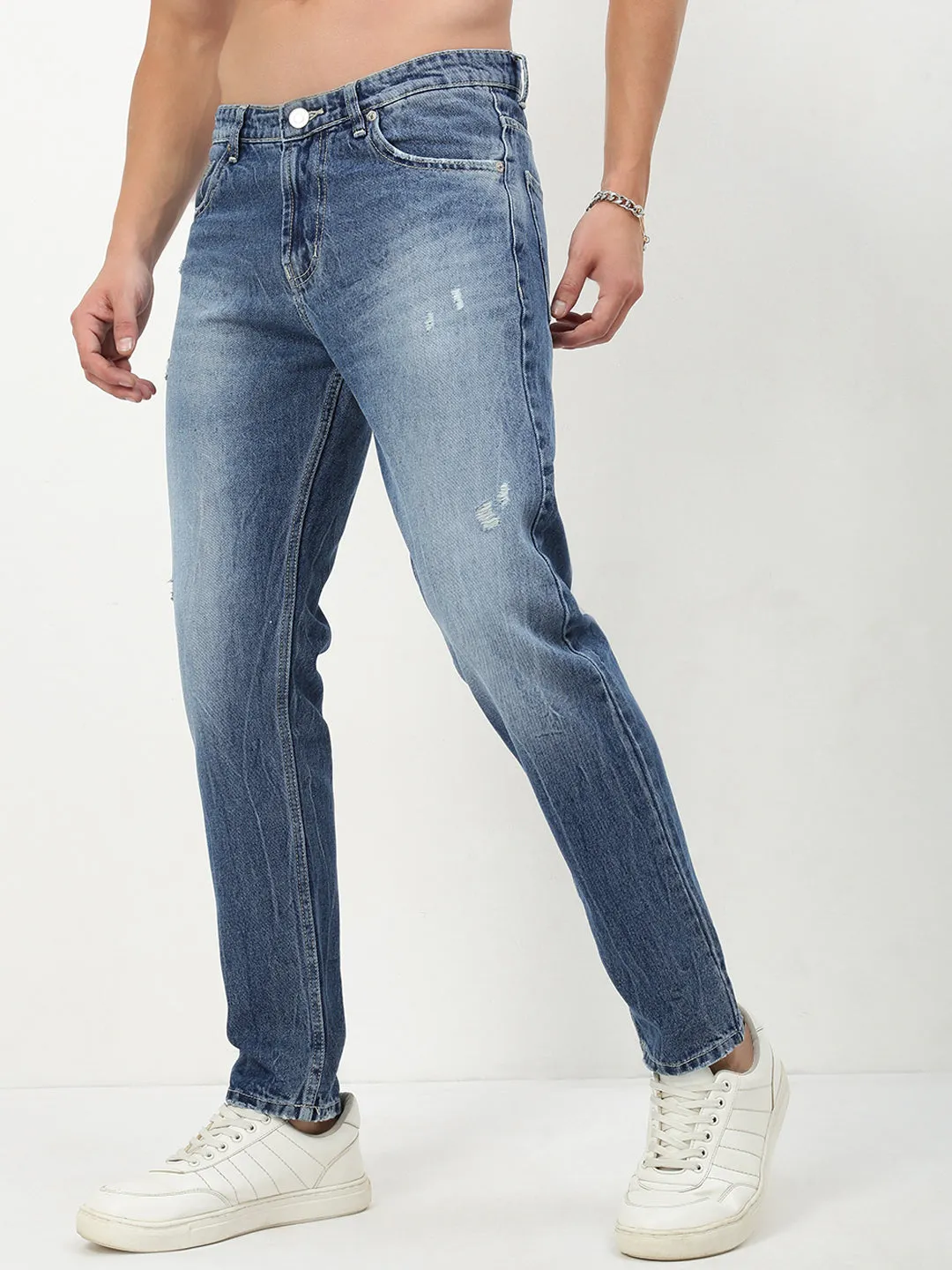 Men's Blue Solid Straight Fit Jeans Textured Party Look Soft Spring Mood Smooth Work Meeting