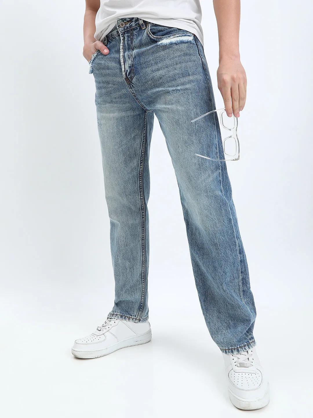 Bartack Stitching Men's Blue Straight Fit Jeans with Distressed Pocket Details